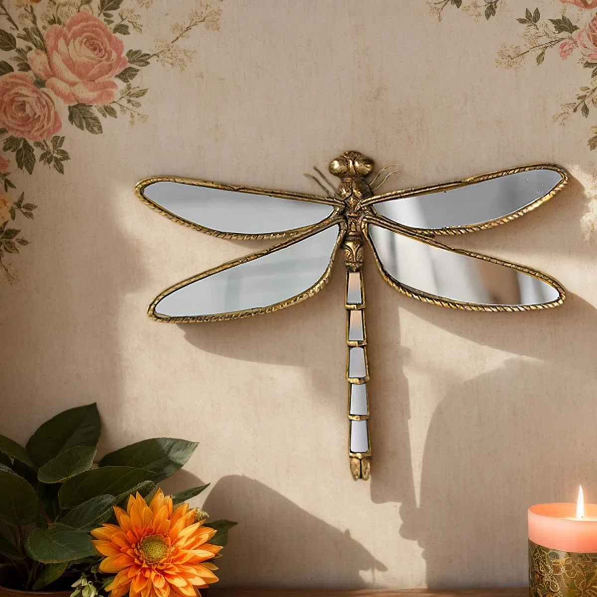 Espejos de pared dorados con libélula - Oro, hechos a mano, decoración de pared de resina y cristal con insectos, perfecto para casas de temática victoriana y europea (libélula)