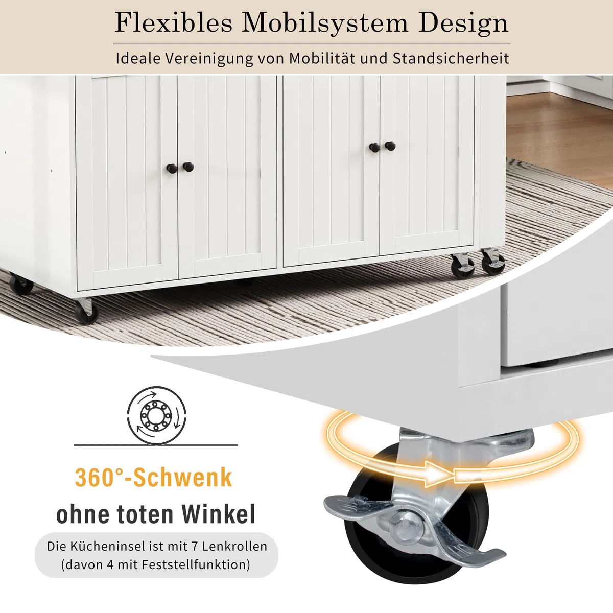 Merax Isla de cocina ultramoderna con espacio de almacenamiento, mesa de bar extensible con encimera, isla de cocina con ruedas, 2 cajones, 2 armarios y estante para especias, carrito de cocina móvil