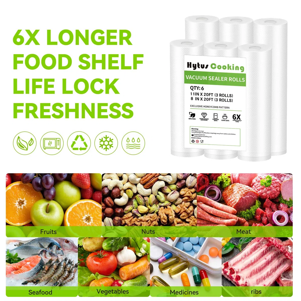 HytusCooking - Rollos selladores al vacío, paquete de 6, 3 rollos de 11 pulgadas x 20 pies y 3 rollos de 10 pulgadas x 20 pies, sin BPA, bolsas de almacenamiento de alimentos multicapa resistentes de