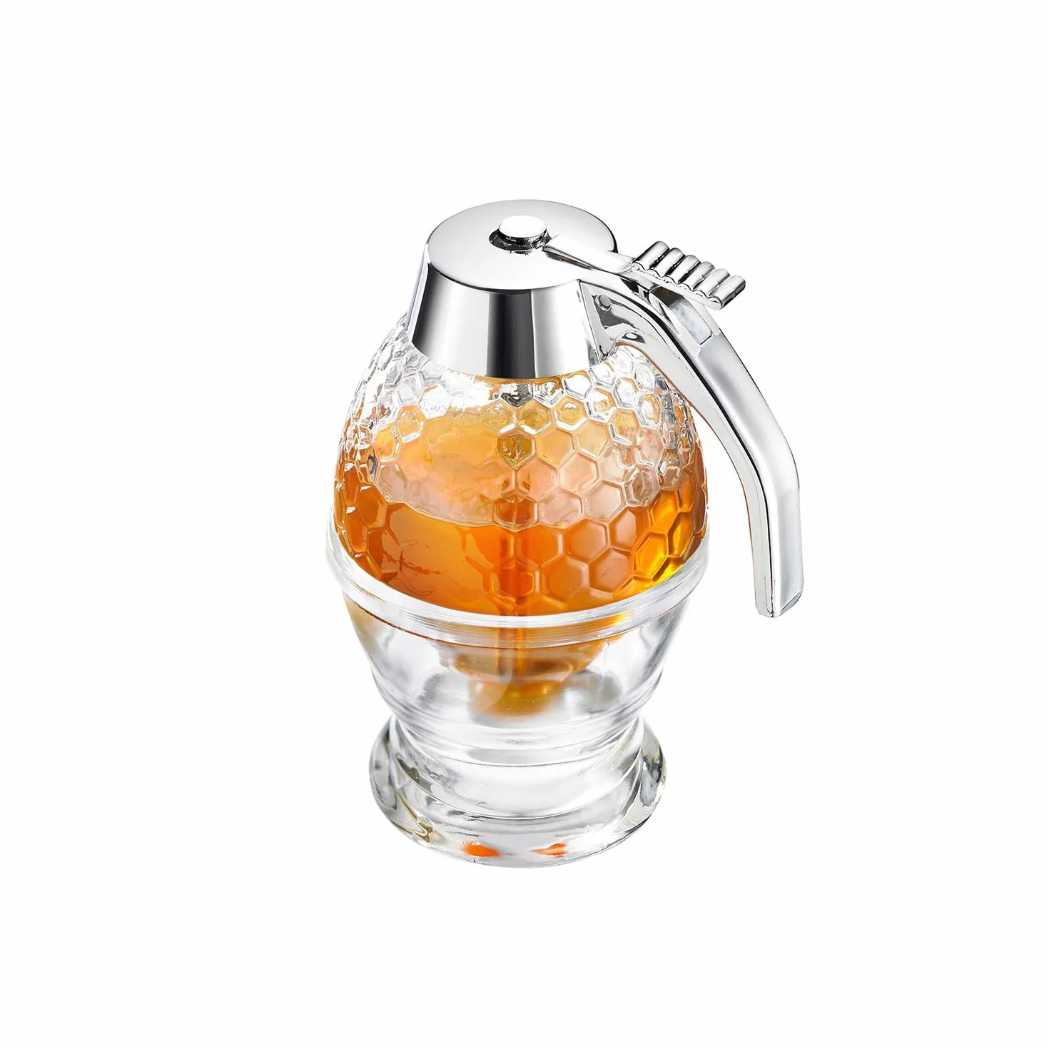 Westmark Dispensador de miel/sirope con soporte, Capacidad: 200 ml, Diseño de panal, Vidrio/plástico, de lujo, Transparente/plateado, 65132260