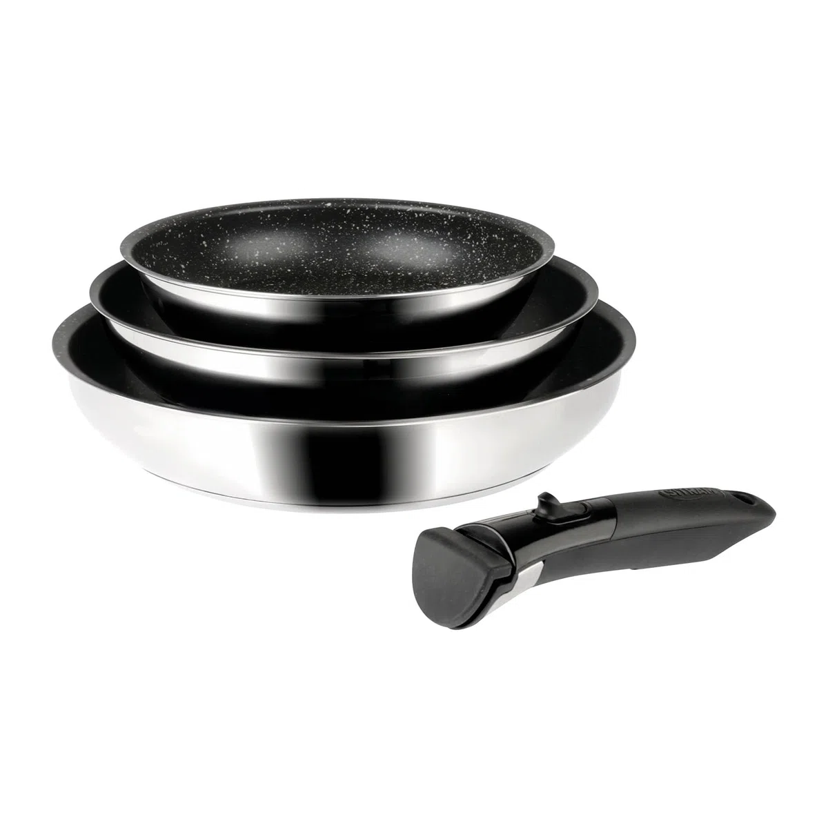 Sitram 714269 Juego 3 Sartenes Ø20/24/28 cm Inox con Revestimiento Antiadherente Efecto Piedra sin PFOA – Mango Extraíble Sitramovible – Aptas para Todos los Fuegos Incluida Inducción