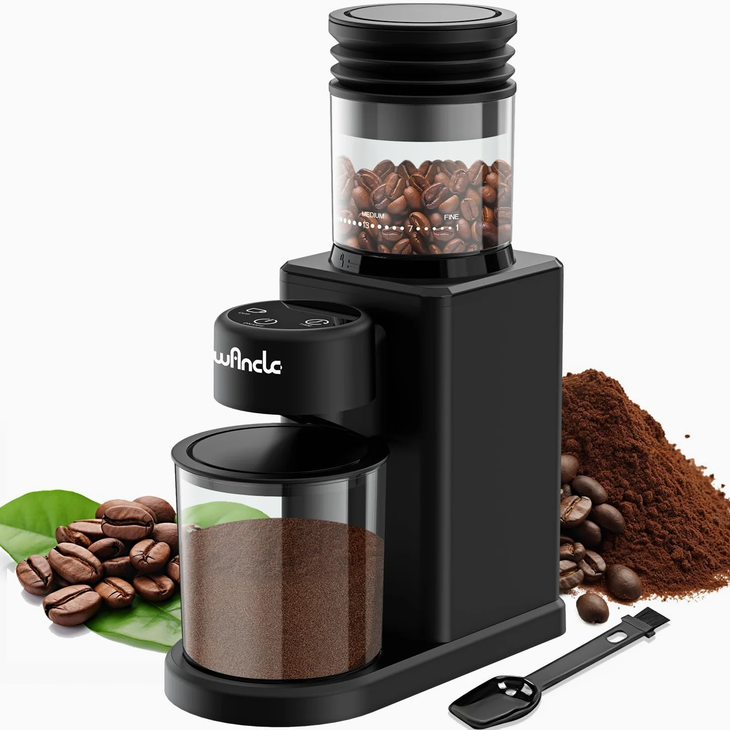 Wancle Molinillo de Café Eléctrico con conos, 200W Molino de Café, 25 niveles de molienda, capacidad para 2–12 tazas, pantalla táctil, diseño compacto, fácil limpieza, soplador incluido, tolva 80–120g