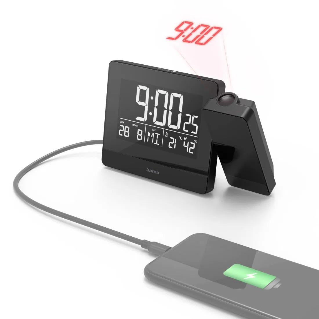 Hama | Reloj Despertador Digital con proyección de la Hora en Techo o Pared (Radio Reloj Despertador, Sensores táctiles, 2 alarmas, Hora, Calendario, Termómetro, Higrómetro, Carga USB) Negro