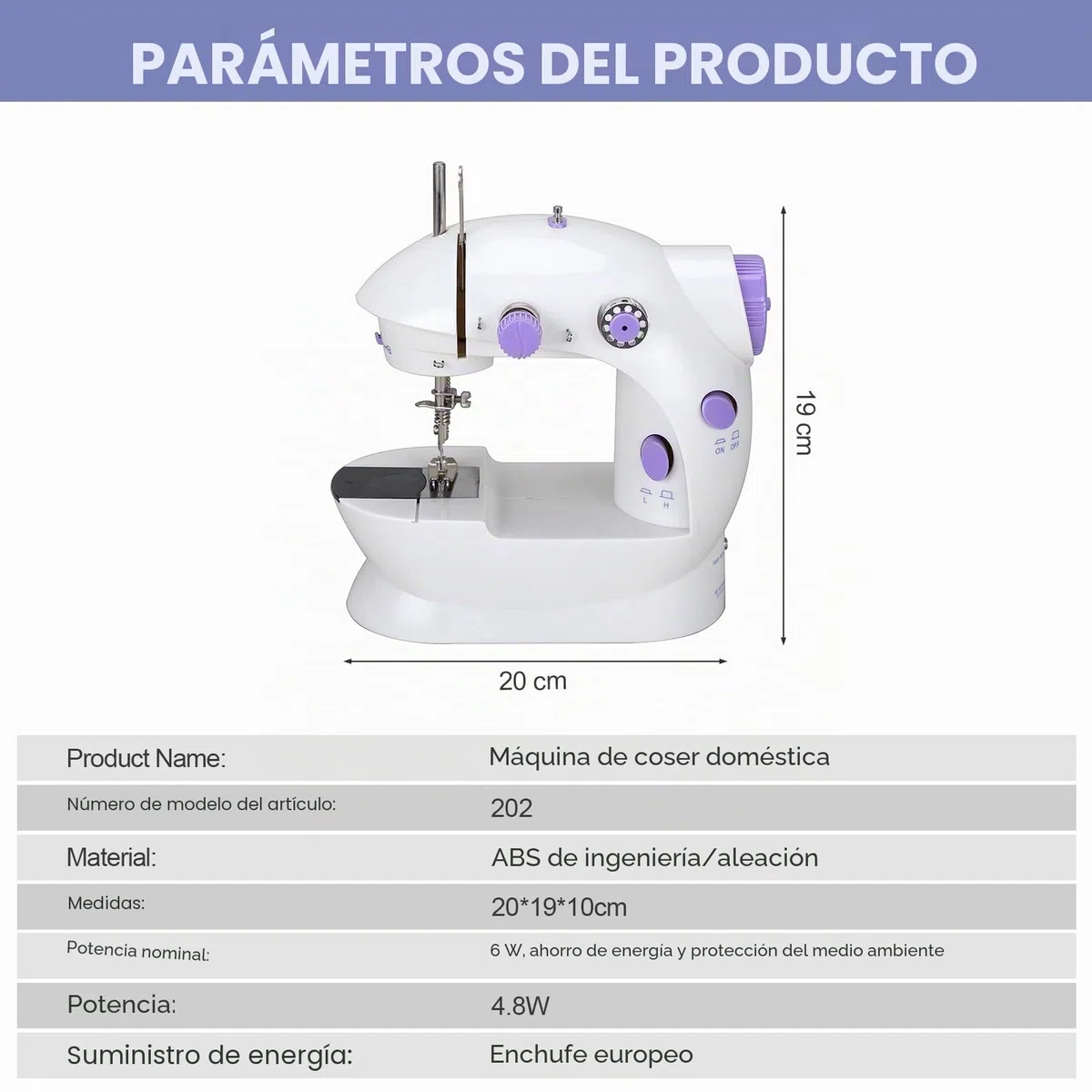 Máquina de coser doméstica 202A, mini máquina de coser de doble hilo con 2 velocidades y pedal de pie, UE 220 V (morado)
