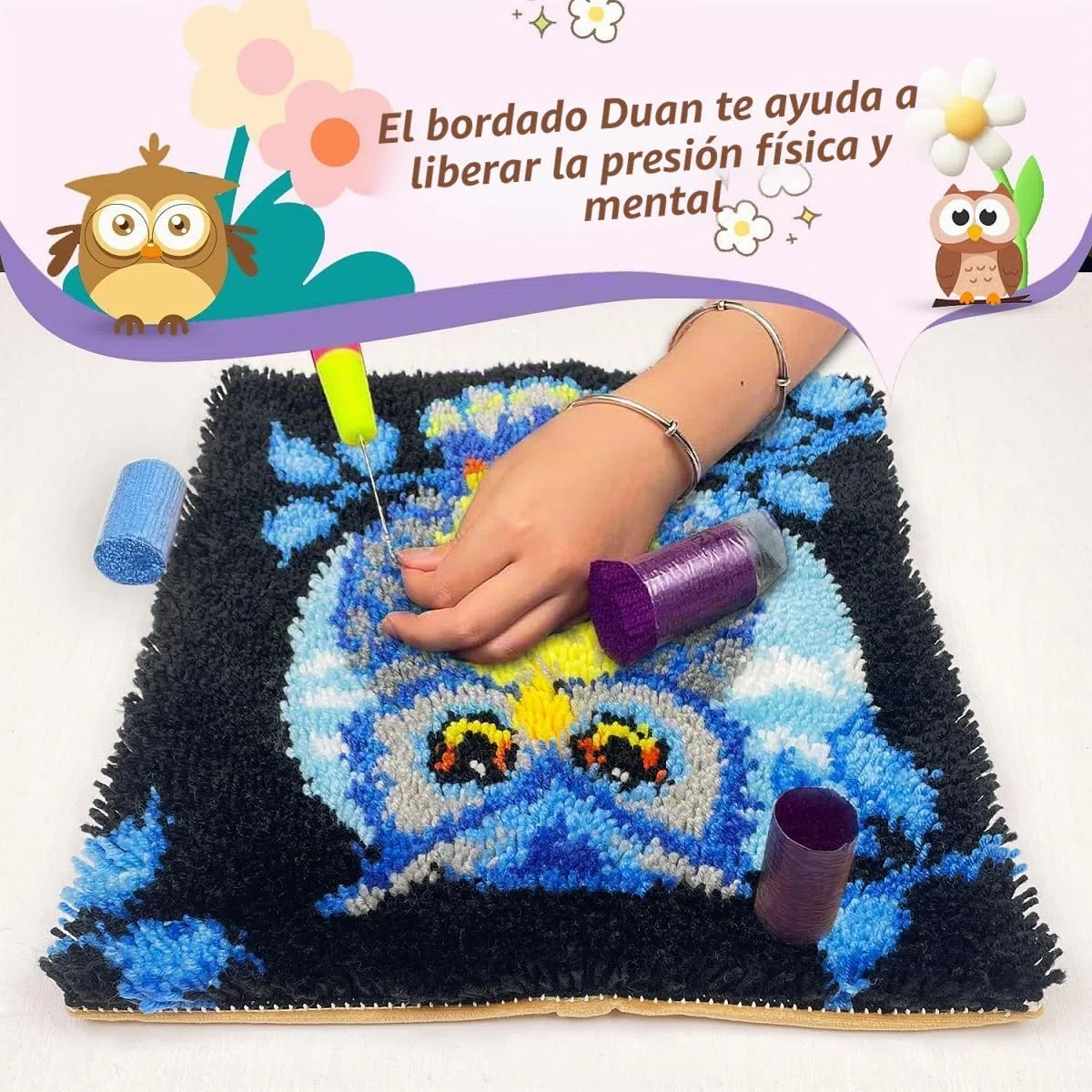 Kit de Alfombra de Gancho, pestillo alfombra hacer tapices, 3D Tapiz Kits Alfombra Latch Hook Kits, Lechuza Patrón impreso, 50x38cm