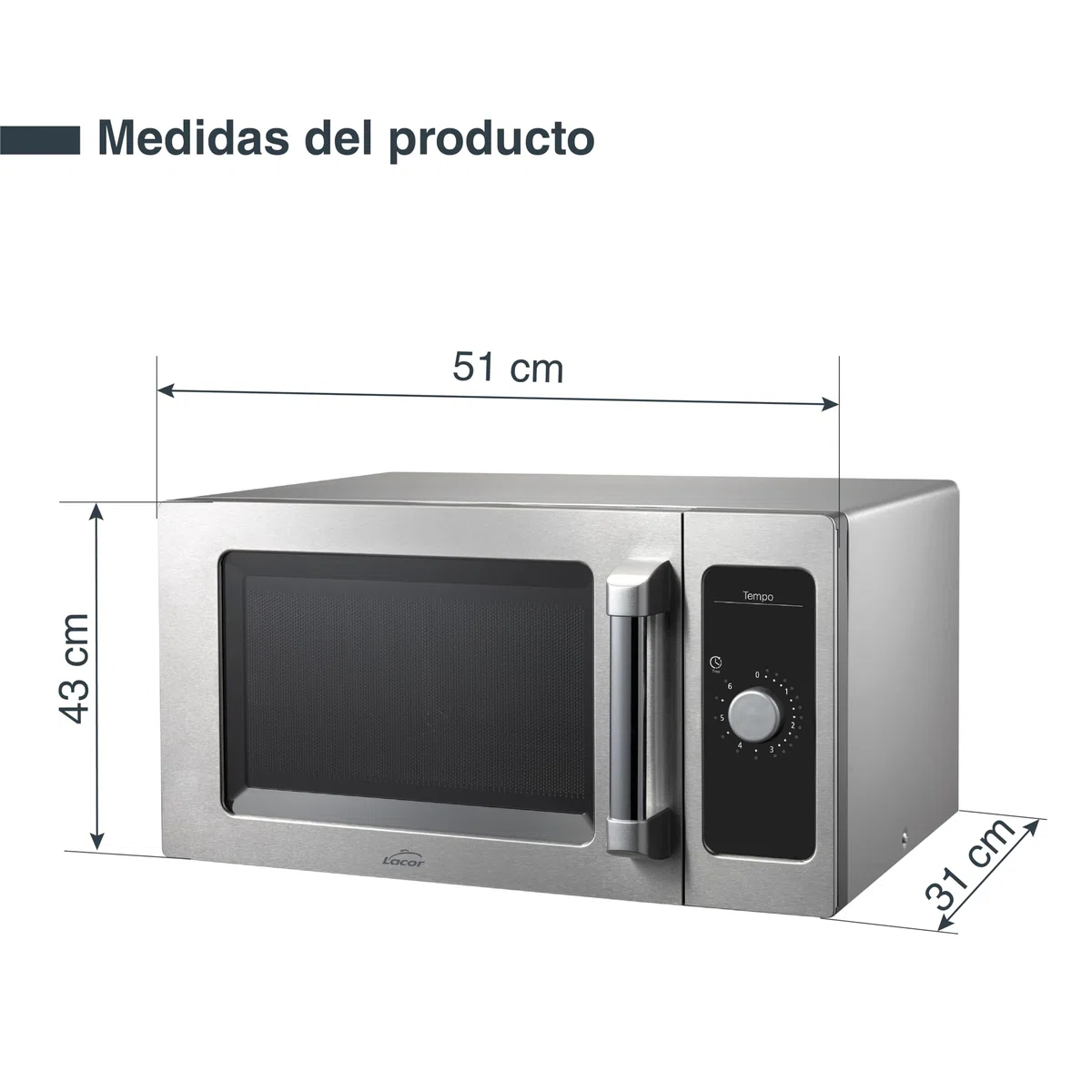 Lacor - 69329 - Microondas Tempo, Acero Inoxidable 18/10, Calentamiento Homogéneo, 1550 W, Uso Profesional, Cavidad Interior de Acero Inoxidable, Apto para Platos Grandes, 51x43x31 cm
