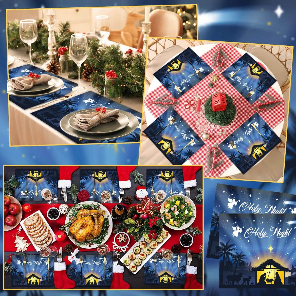 OBUSATT 100 manteles individuales de papel de Navidad con diseño de noche santa, para belén, color azul, manteles individuales de cocina para vacaciones, fiesta de invierno, decoración de mesa de