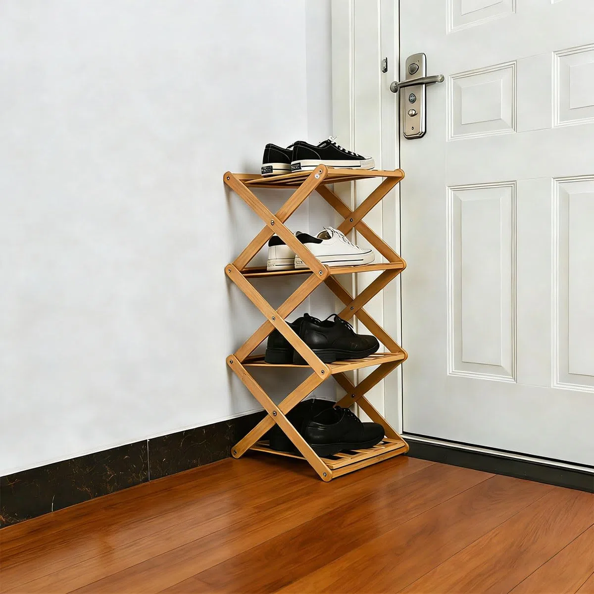 Estantería para zapatos verticales de 4 niveles, almacenamiento de zapatos plegable, ahorro de espacio, organizador de zapatos telescópicos, soporte para zapatos de madera, 30 x 26 x 9 cm