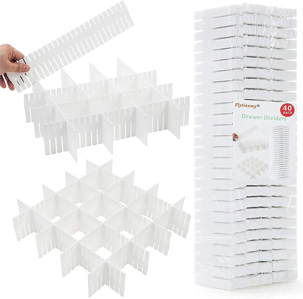 40 Piezas Separadores de Cajones, Ajustable Organizador de Cajones para Sujetador, Calcetines, Ropa Interior, Oficina, Cocina, Dormitorio y Tocador Blanco