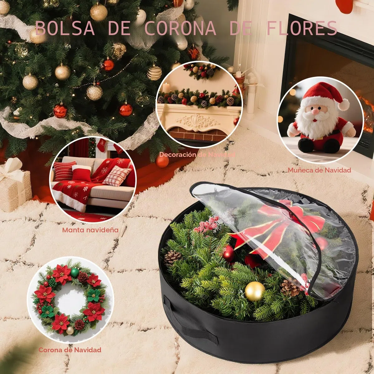 Paquete de 3 bolsas de almacenamiento de corona de Navidad con ventana transparente – Organizador impermeable negro de PE/PVC para decoración navideña, guirnaldas y adornos | Cierre de cremallera y
