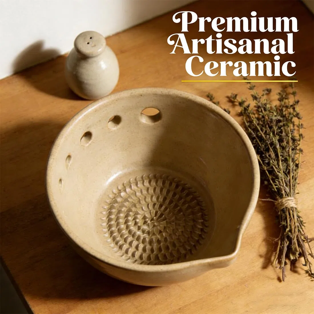 Handmade Garlic Grater X Herb Bowl, 2-In-1 Fresh Herb Stripper Bowl Ceramic with Built-In Grater and Herbs Stripper, Rasca Ajos Plate for Ginger, Garlic, Cheese Stem Remover (Blue)