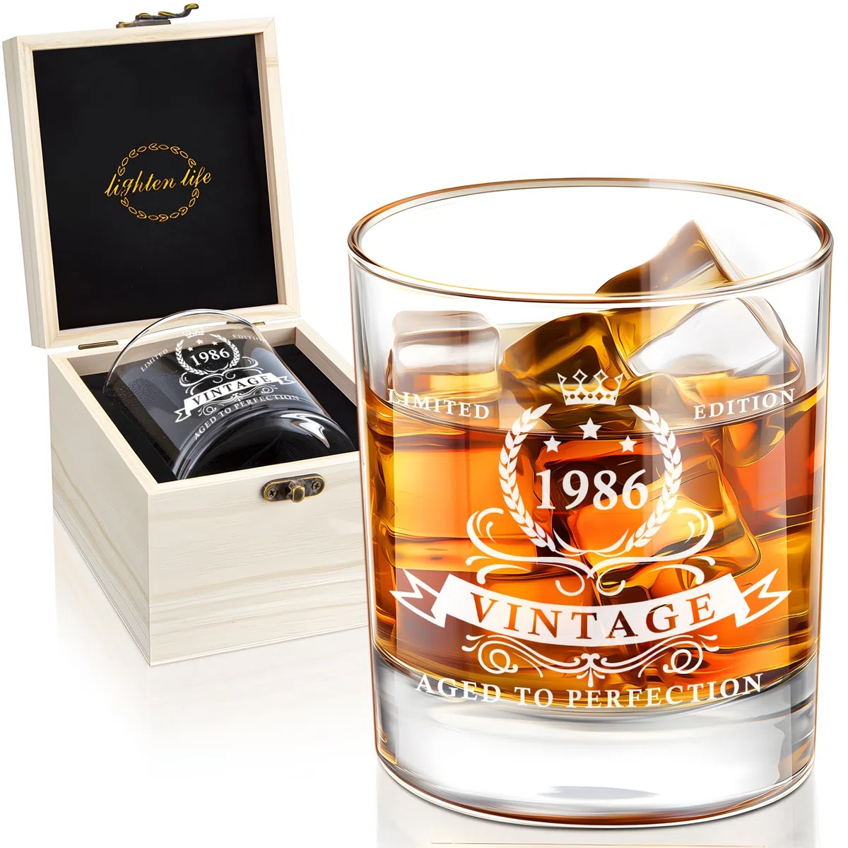 LIGHTEN LIFE Regalos de cumpleaños número 40 para hombres, 340 ml, vaso de whisky de 1985 en valiosa caja de madera, vaso de bourbon de 40 cumpleaños para papá de 40 años, marido, amigo, ideas de