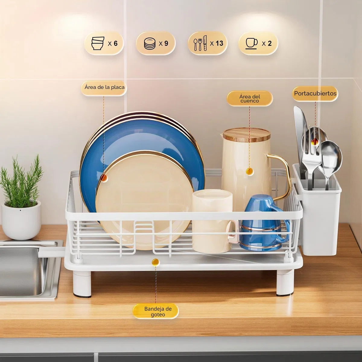 Escurreplatos Blanco Escurridor de Platos Acero Inoxidable Escurreplatos con Bandeja de Goteo Dish Drying Rack con Cesta para Cubiertos (Blanco, Pequeño)