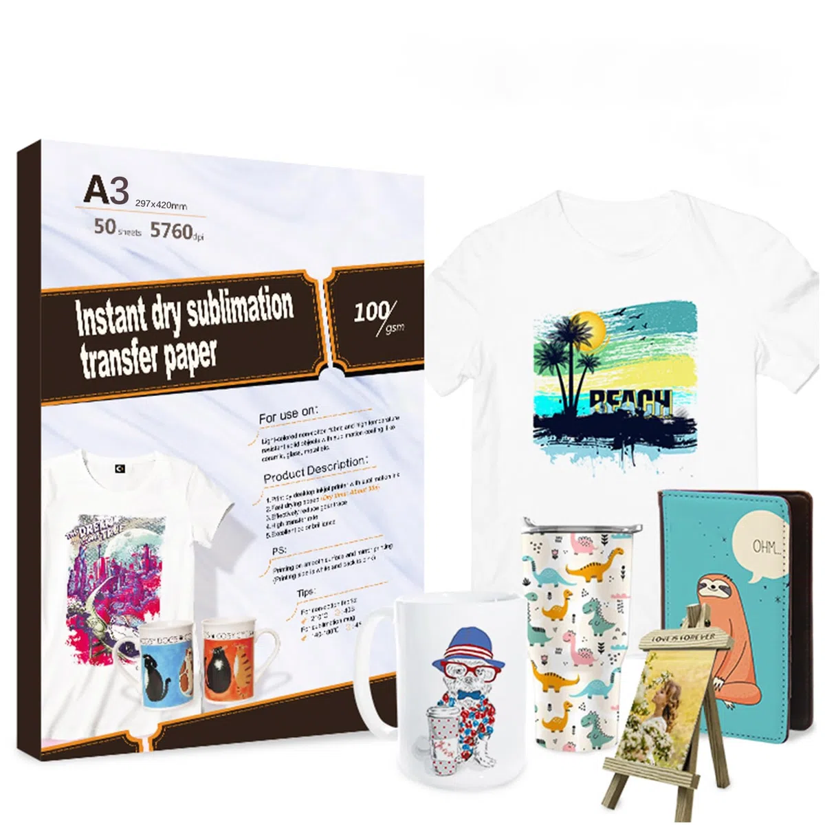 Papel de Sublimación A3, 297 x 420 mm 100 g/m² 50 Hojas de Papel de Transferencia para Camisetas Tazas Metal Cerámica Vidrio, Compatible con Epson, Roland, Mutoh, Mimaki Impresoras
