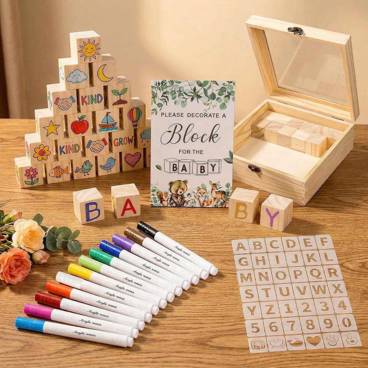 Juego de 104 Letreros para Baby Shower, actividades con bloques de madera, lápices y plantillas, actividad creativa y decoración para invitados, Mini Natural Cubos de Madera Baby Shower