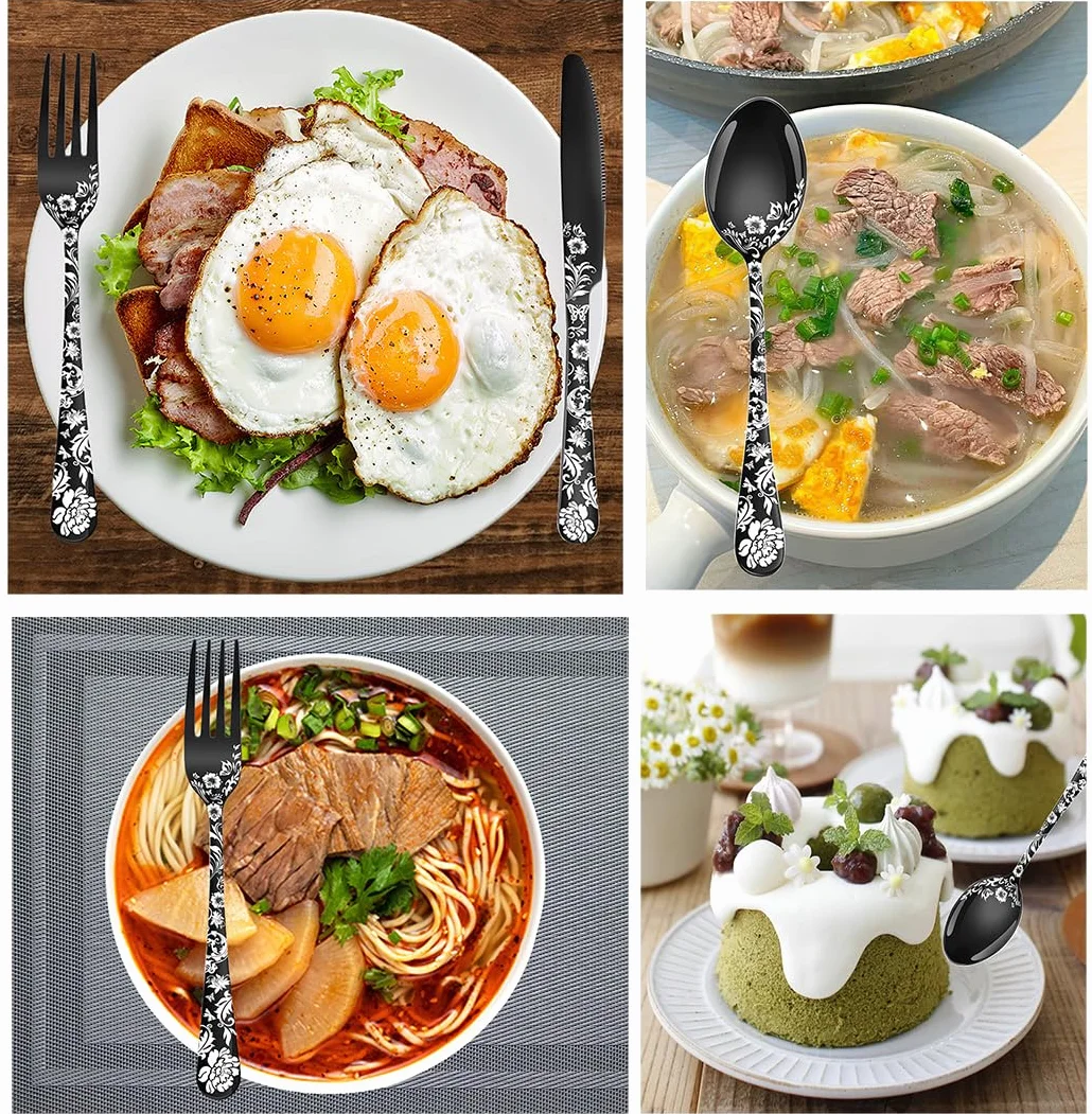 XIAOYU Juego de Cubiertos de Flores de Peonía de 40 Piezas Juego de Cubiertos de Acero Inoxidable para 8 Personas Cuchillos Tenedores Cucharas Utensilios de Cocina
