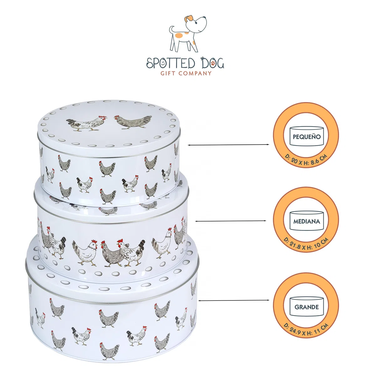 SPOTTED DOG GIFT COMPANY Juego de 3 Latas Almacenamiento para Tartas Redondas, Cajas para Galletas y Pasteles de Metal, Apilables Herméticos, Pequeño 20x9, Mediano 22x10, Grande 25x11cm - Gallinas