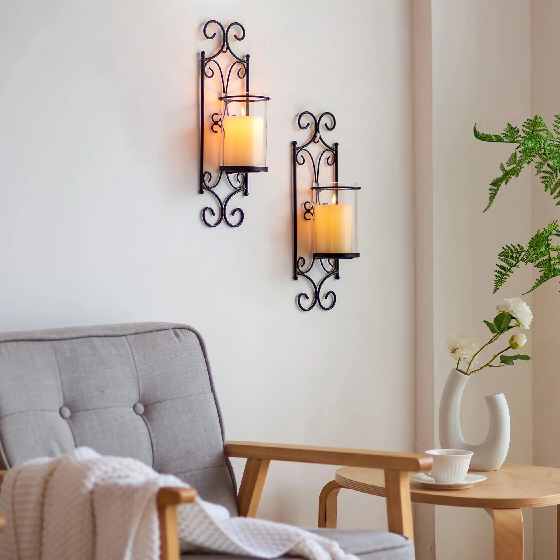 Sziqiqi Portavelas de Pared con Vidrio Hurricane, Candelabros de Columna Decorativos Portavelas Decoraciones Arte de Pared para Sala de Estar Granja Chimenea Baño Comedor