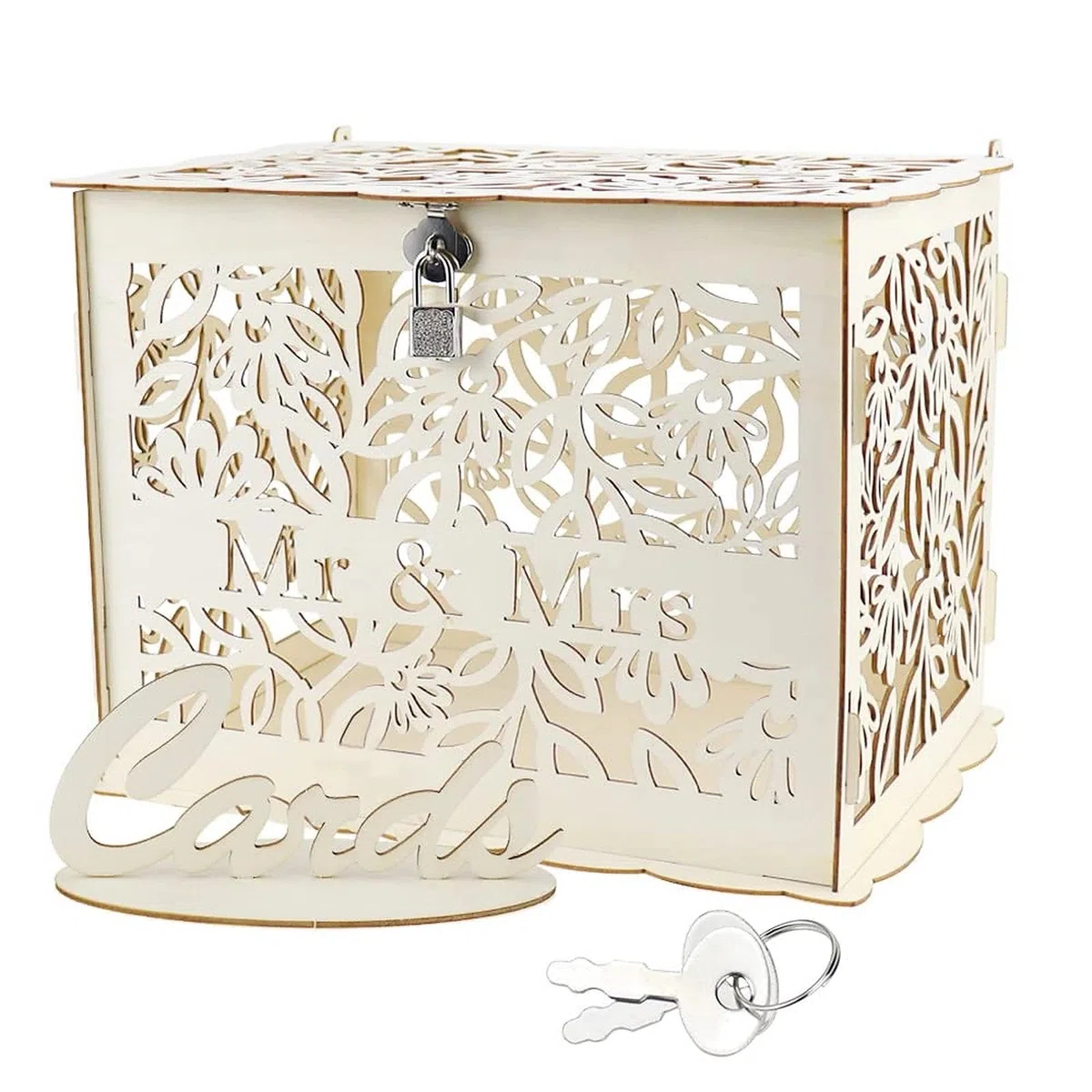 Caja de Madera para Tarjetas de Boda 30x23x23cm - Caja Tarjeta de Regalo Grande con Letrero y Cerradura para Decoración de Boda y Aniversario - Mr & Mrs