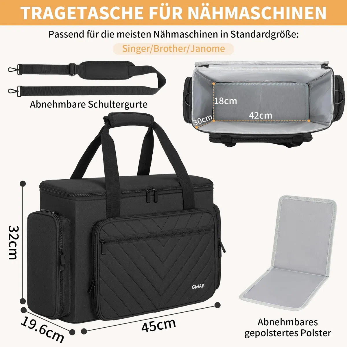 OUUTMEE Estuche para máquina de coser, bolsa de transporte para máquina de coser con acolchado removible, bolsa de mano portátil organizadora de almacenamiento para la mayoría de las máquinas estándar