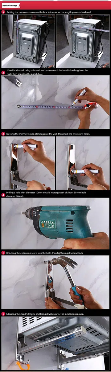 LOKEKE Soporte de pared plegable de acero inoxidable para horno microondas con ganchos de remolque