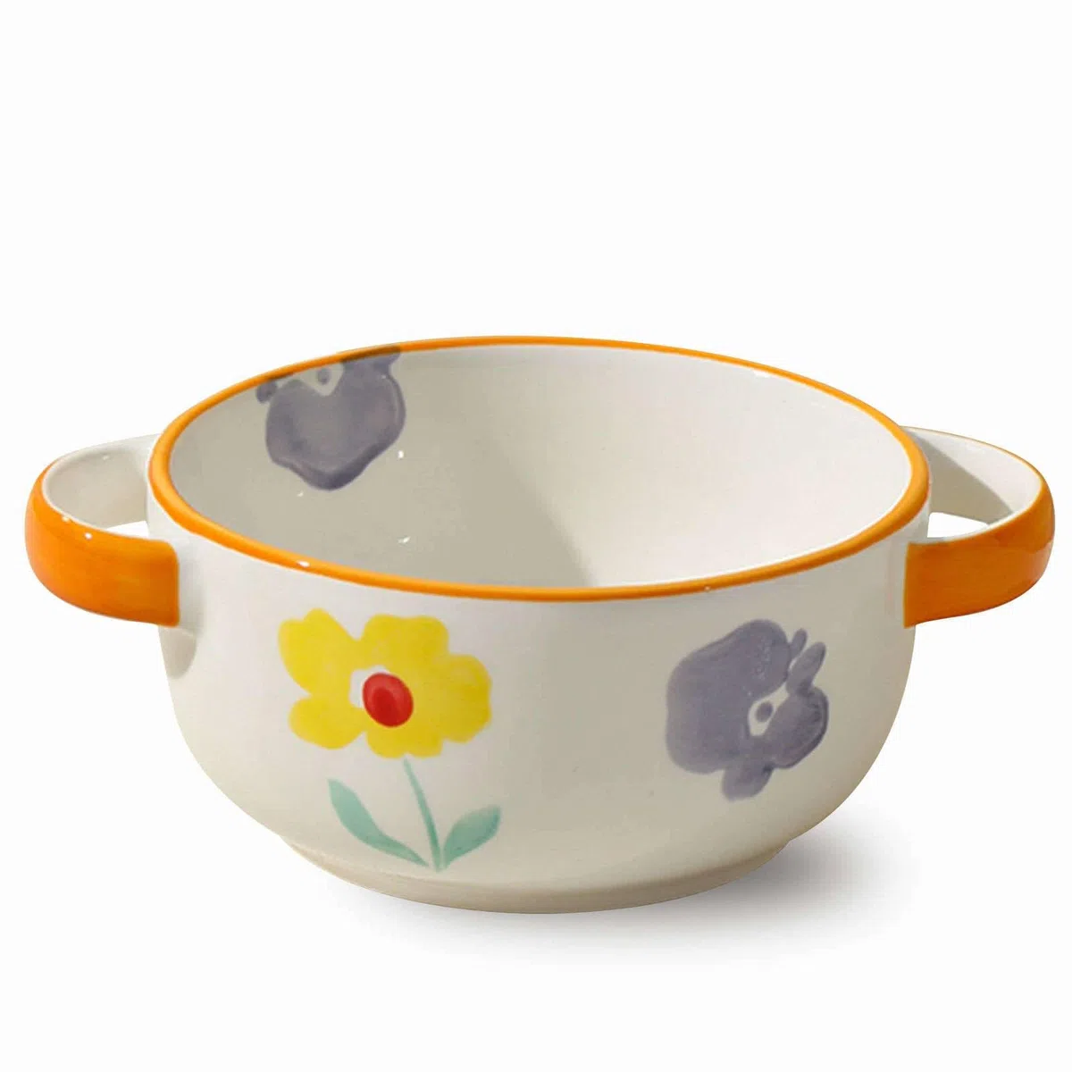 Tazón de sopa de cerámica con asas, diseño floral pintado a mano, apto for microondas y lavavajillas, for sopa, cereales, pasta y ensaladas(Orange)