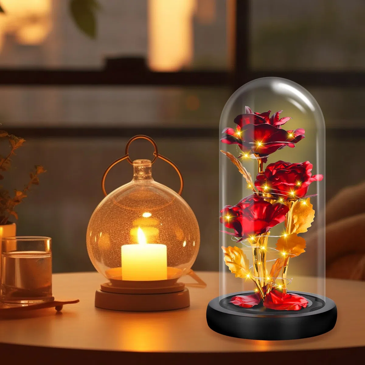 UCAMP Rosa Eterna,La Bella y la Bestia Rosa Eterna,Elegante Cúpula de Cristal con Base Pino Luces LED,Base de Madera,1 Tarjeta de Amor,para Mamá,Damas,Navidad,Boda,Aniversario,Día de la Madre