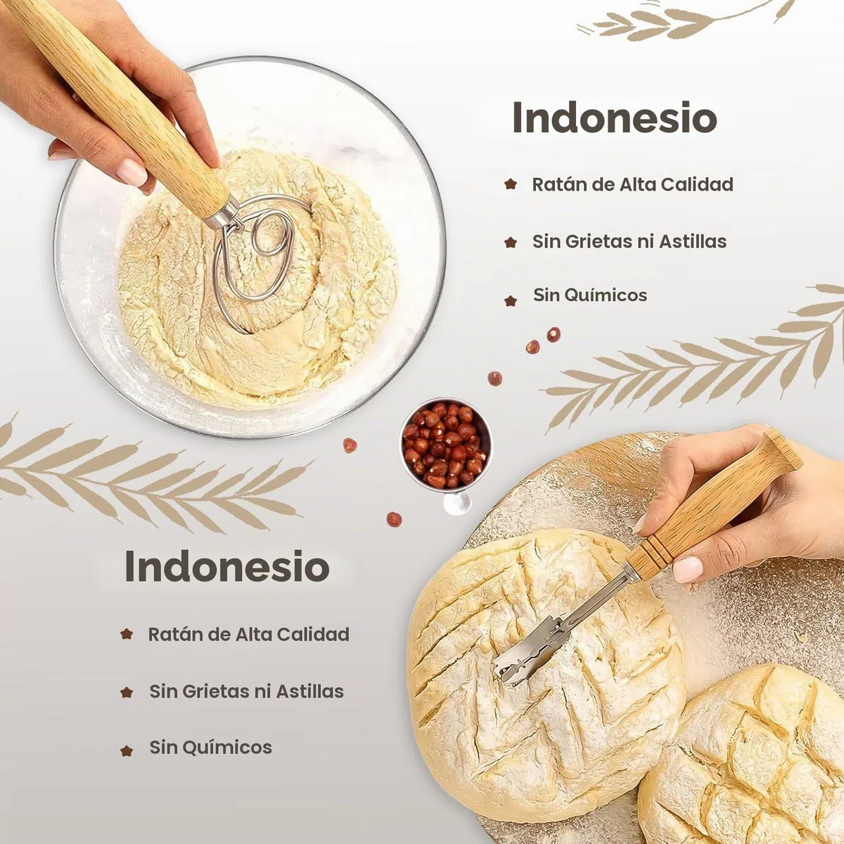 Cesta de Fermentación para Pan, Banetones para Pan, 23cm Ovalada + 25cm Redondo, 10 Piezas Kit Completo de Panadero, con Batidor de Masa, Raspador de Masa y Cepillo, Accesorios para Hornear