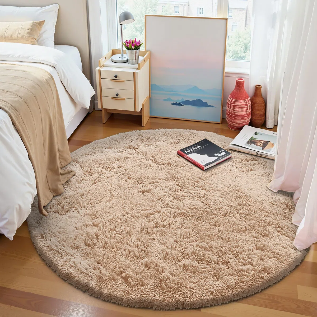 Homaxy Alfombra de Pelo Largo, Antideslizante, Parte Inferior Lavable, Alfombra Grande para salón, habitación de los niños, Dormitorio - 120 cm Redonda, Beige