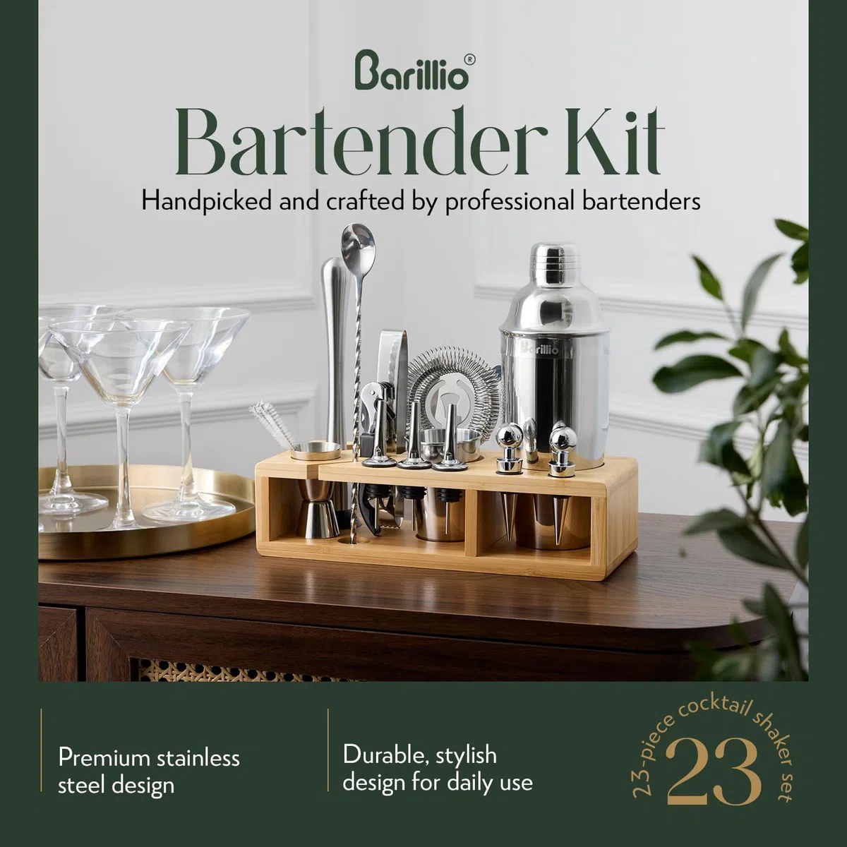 Barillio Elite Mixology - Juego de coctelera para Barman con Herramientas de Barra, Elegante Soporte de bambú, Bolsa de Transporte de Terciopelo y folleto de Recetas
