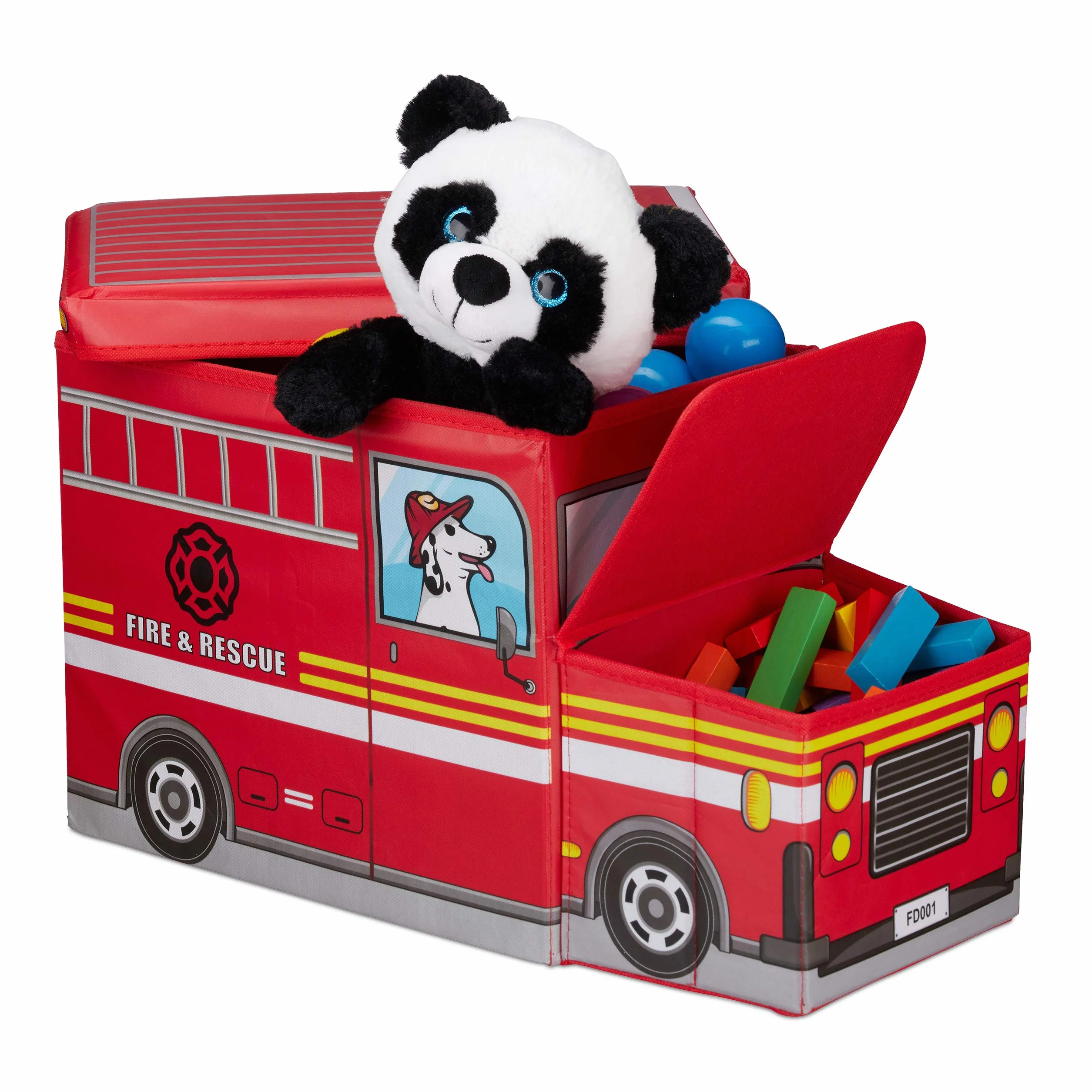 Relaxdays Baúl para Juguetes, Taburete Infantil Plegable, Caja Compartimento, Unisex, Camión de Bomberos, 50 L, Rojo