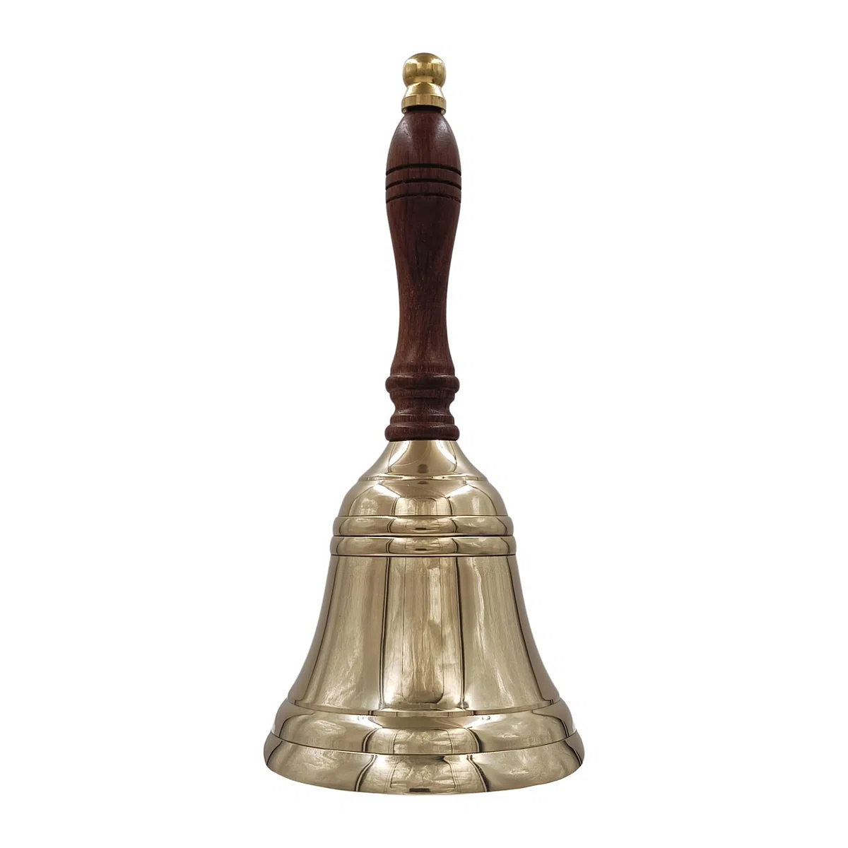 Campana de latón macizo con mango de madera de calidad de 8.5 pulgadas de alto, 4 pulgadas de profundidad, perfecta para cenas, interiores, exteriores, escuela, bar, recepción, último pedido e iglesia