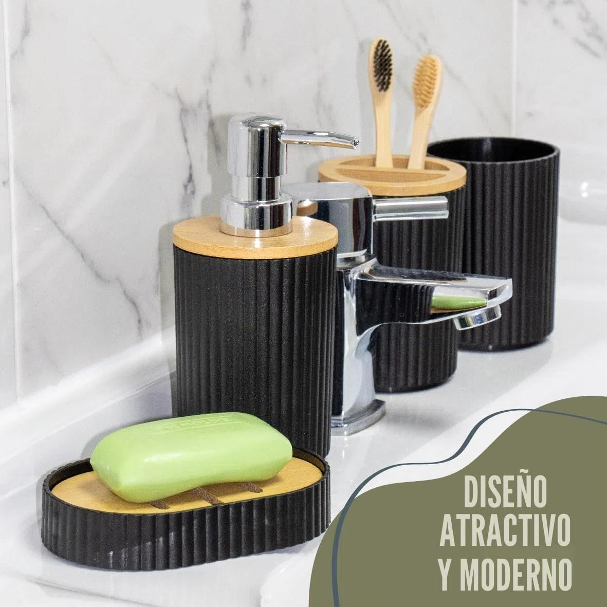 Juego de accesorios de baño Anika/Juego moderno de accesorios esenciales de baño/Incluye soporte para cepillo de dientes, cubo de basura, escobilla de baño, vaso, plato de jabón y dispensador de jabón