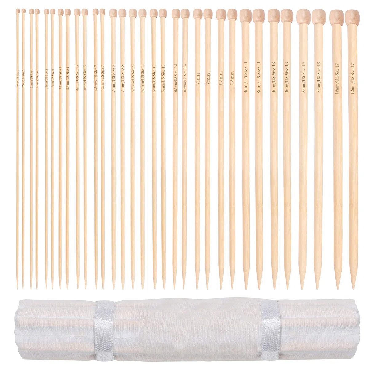 Agujas de Tejer de Bambú – Set de 16 Pares de Agujas para Tejer Rectas de Madera con Estuche de Almacenamiento – Una Punta Tamaños 2 mm a 12 mm – Cada Aguja Mide 34 cm Principiantes y Expertos