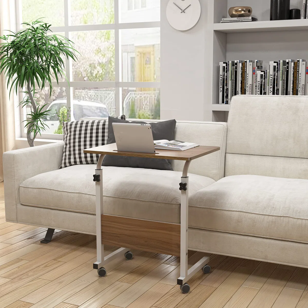 SDHYL Mesa Auxiliar Portátil Movible con Ruedas Escritorio Pequeño de Altura Ajustable Soporte para Portátil para Sofa Cama Mesa para PC para Estudio, Puesto de Trabajo + Ranura para Tableta Roble