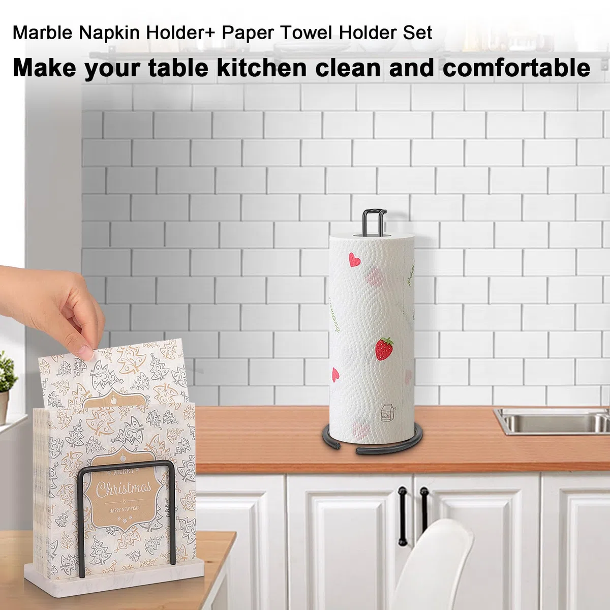 Livabber Juego de 2 servilleteros y toalleros de papel, 2 accesorios de cocina, soporte de metal para pañuelos con base de mármol + dispensador de toallas de papel independiente para mesa de cocina,