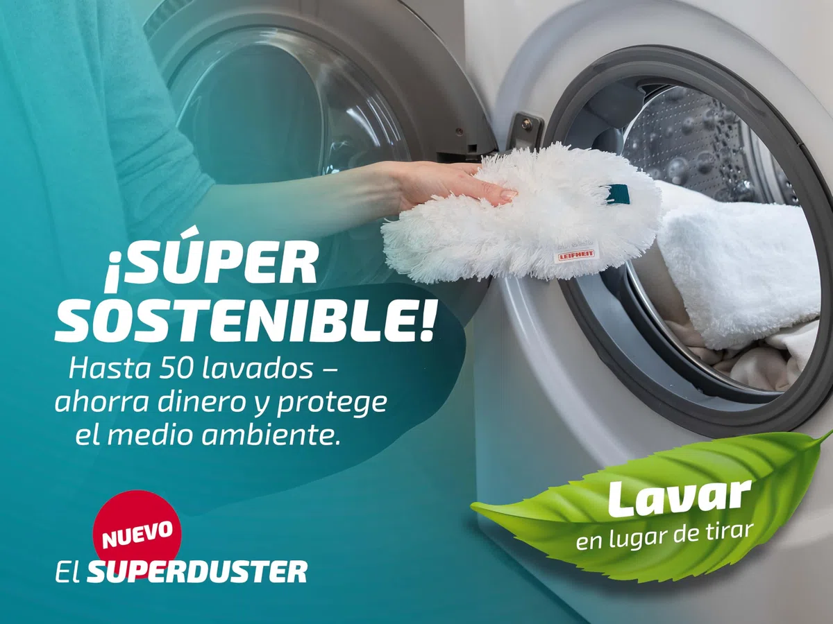 Leifheit SUPERDUSTER con Funda de Repuesto, Plumero Largo Extensible, Lavable a 40º, Tejido de Microfibra, Compatible con el Click System de Leifheit, Lavar no Tirar