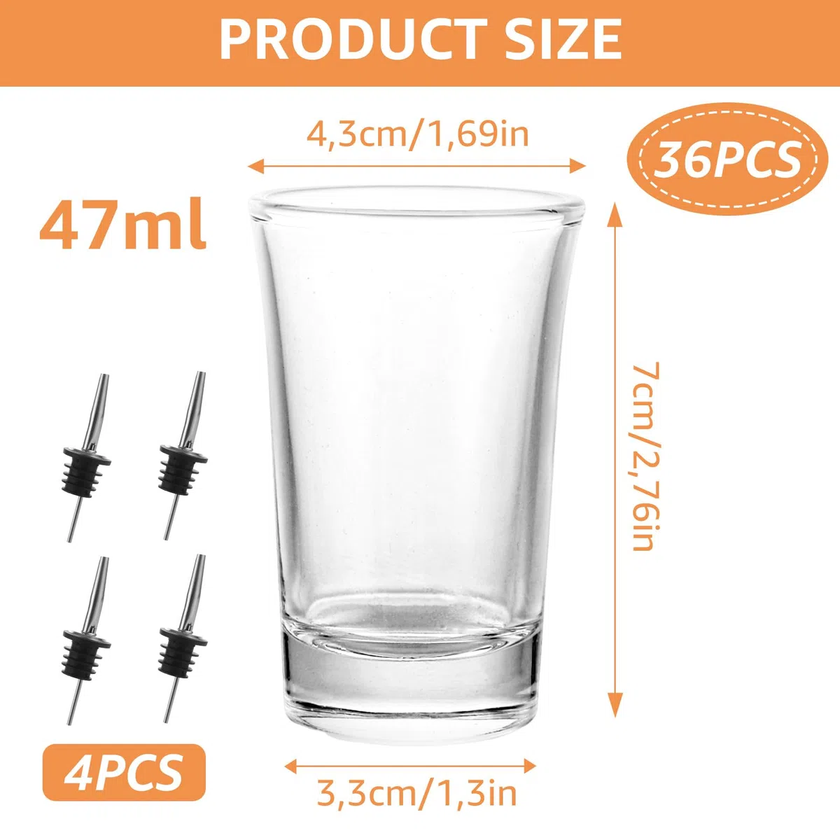 WOPPLXY Juego de 36 vasos chupito, chupitos cristal de 47 ml con 4 vertedores, vasos chupito cristal para tequila, schnapps y vodka
