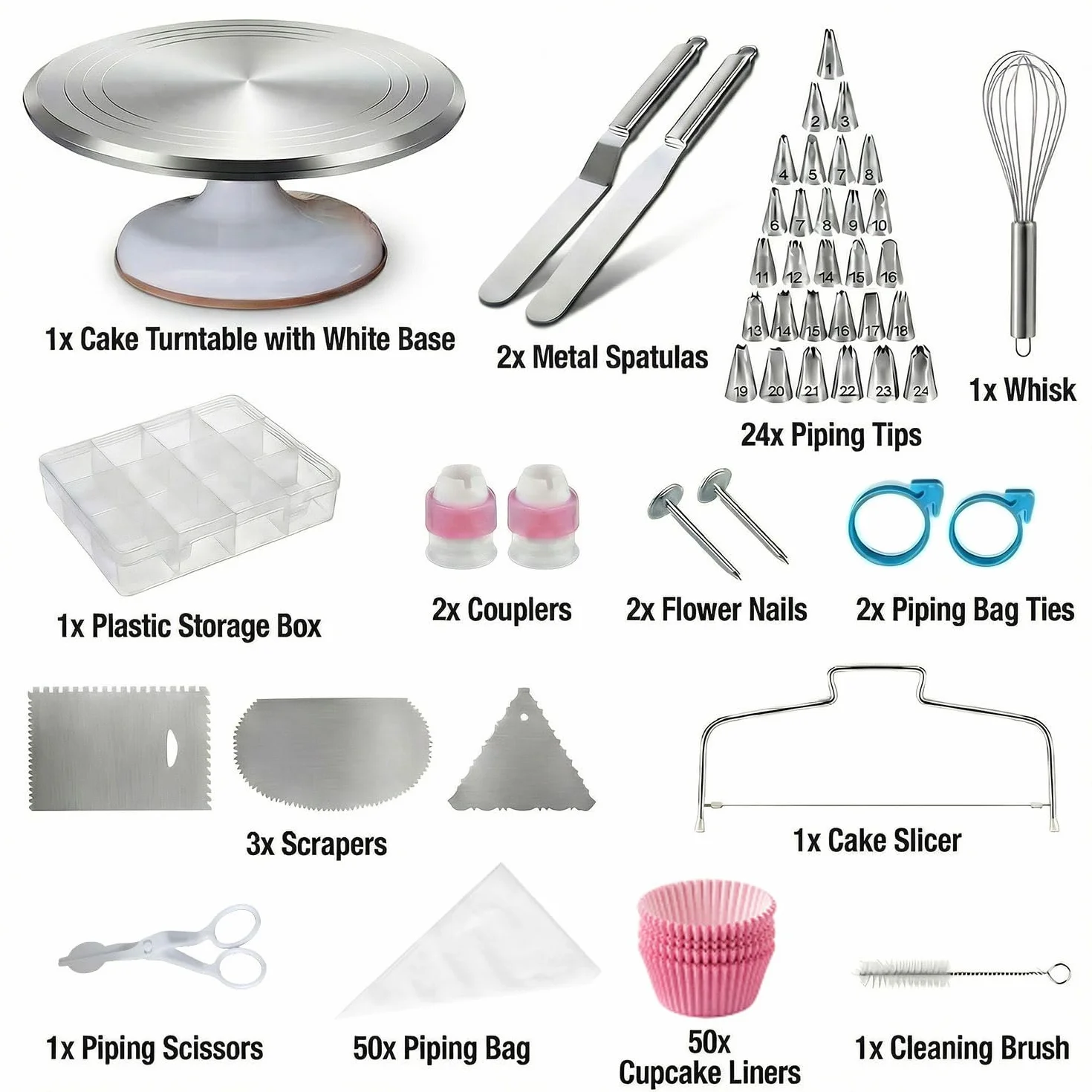 Plato Giratorio para Tartas de Aluminio - Base Giratoria para Decoración Profesional con Set de 144 Accesorios de Repostería Incluye Espátula y Boquillas, Gran Regalo para Mujeres
