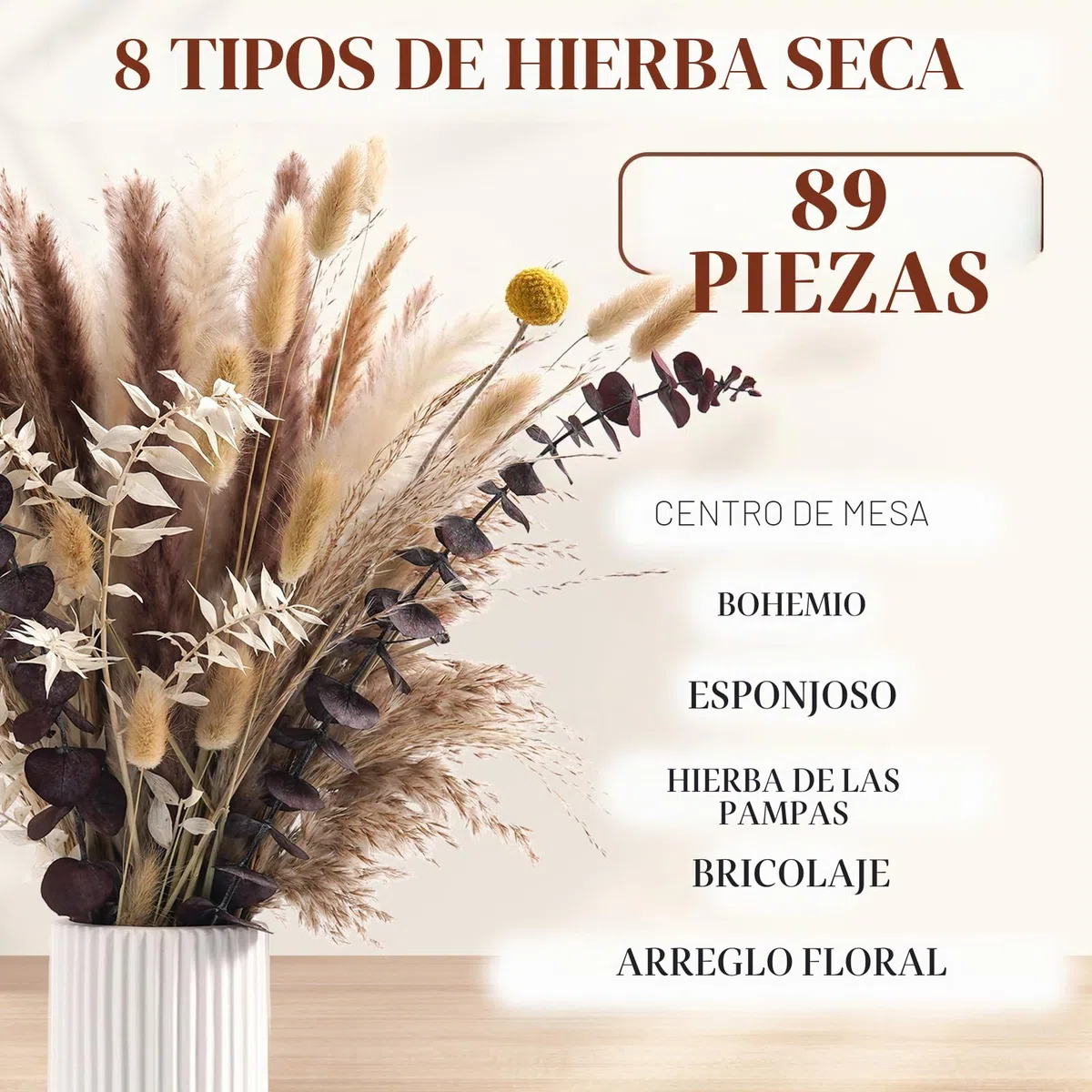 89pcs de Decoración con Pampas Secas - Decoración Boho para Mesa Pampas Marrón y Blanco para Bodas, Fiestas Rústicas y Decoración Floral Artificial de Pampas & Decoración de Verano para el Hogar