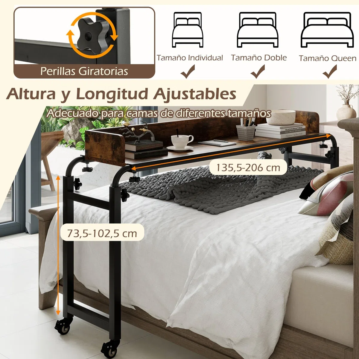 GYMAX Mesa de Cama Rodante Ajustable, Escritorio Móvil Versátil de 117 X 35 CM, Altura y Anchura Modificables, Compatible con Varias Camas, Diseño Industrial Moderno, para Hogar, Oficina, Hospital
