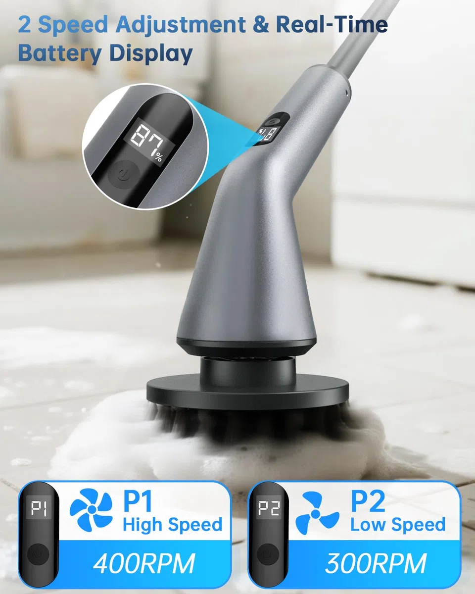 Limpiador giratorio eléctrico, IPX7, impermeable, doble velocidad, cepillo de limpieza inalámbrico con 7 cabezales de cepillo, mango largo extensible para baño, ducha, bañera, tina, vidrio, azulejos