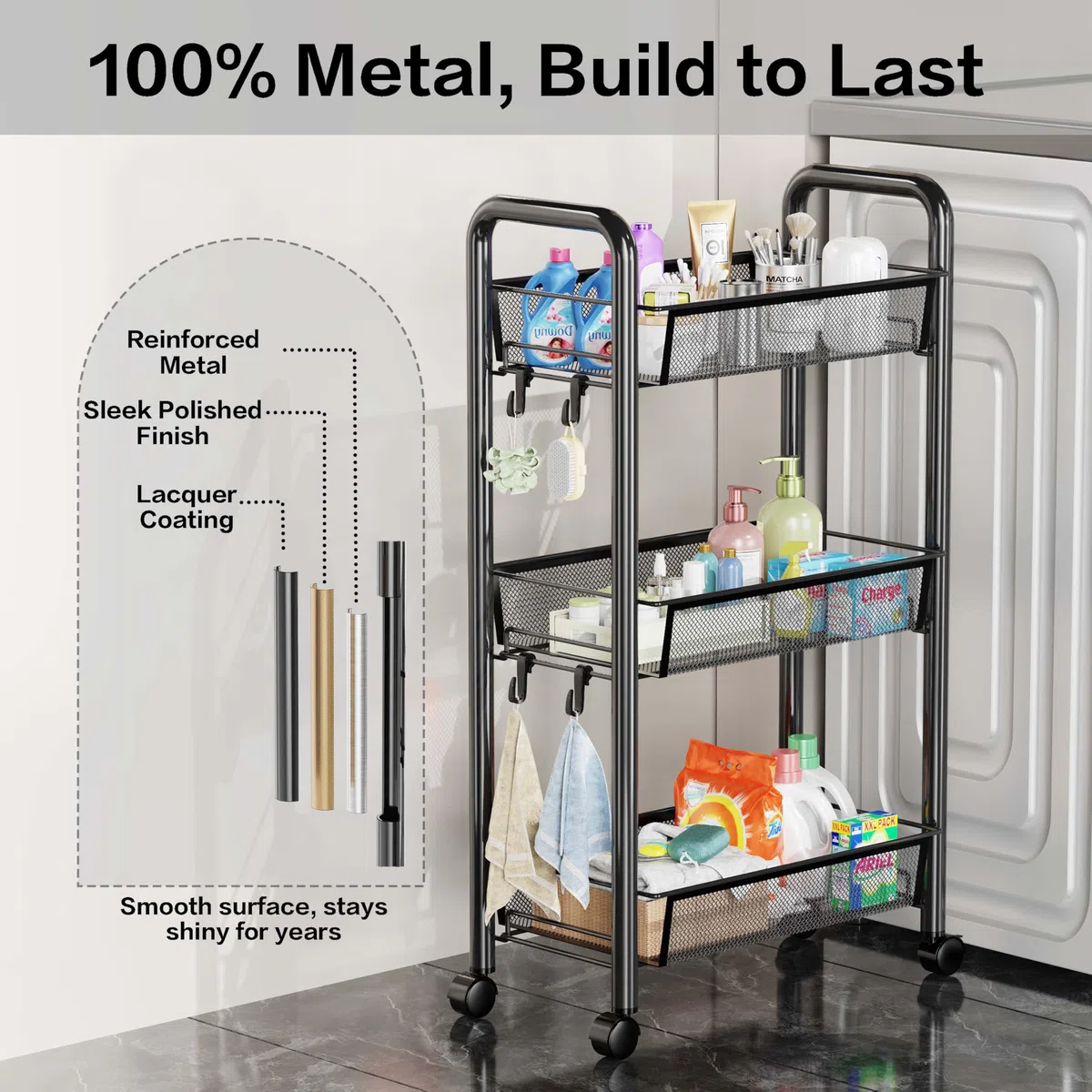 Carrito Auxiliar con Ruedas,Carro Cocina Metálica 3/4/5 Niveles, Carro de Servicios para Salón Baño Dormitorio Oficina,Carrito Auxiliar Multiusos (Negro, 3 Niveles)