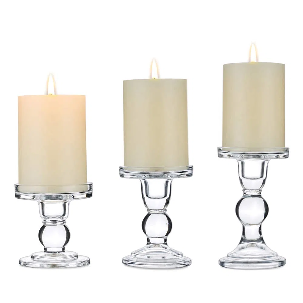 Nuptio Juego De 3 Candelabros De Vidrio Transparente para Pilar De 75 Mm Y Vela Cónica, 2 Usos De Centros De Candelabros para Bodas Decoración del Hogar, Candelabro