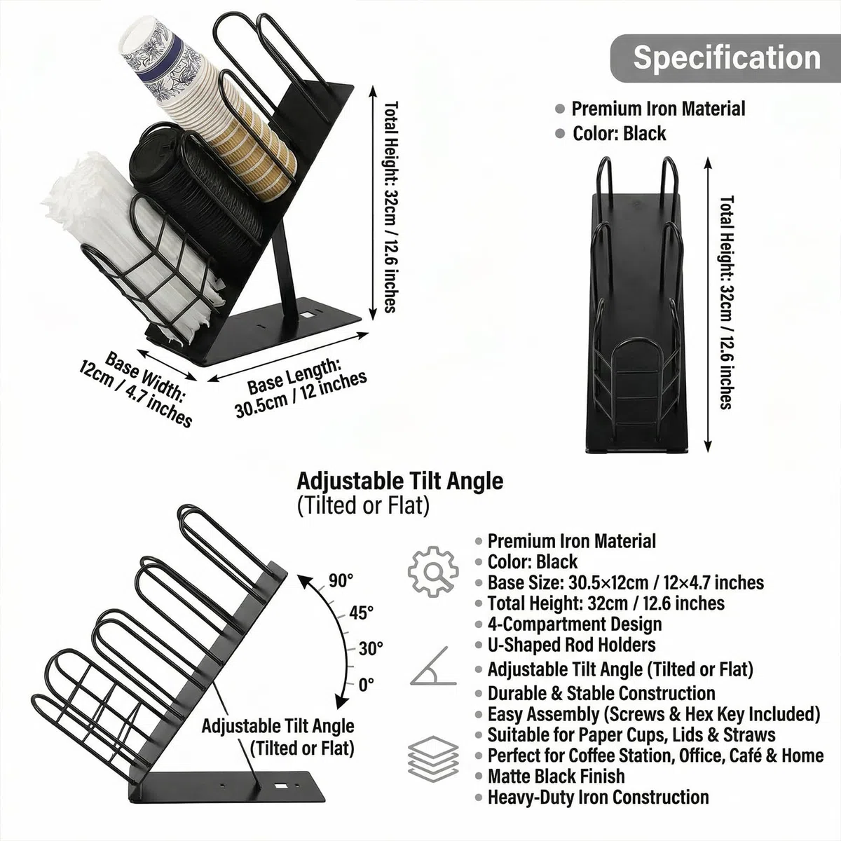 Soporte Vasos Desechables con Soporte para Tapas y Pajitas Organizador Café Ajustable Organizador Vasos para Encimera de Cocina Oficina y Bar