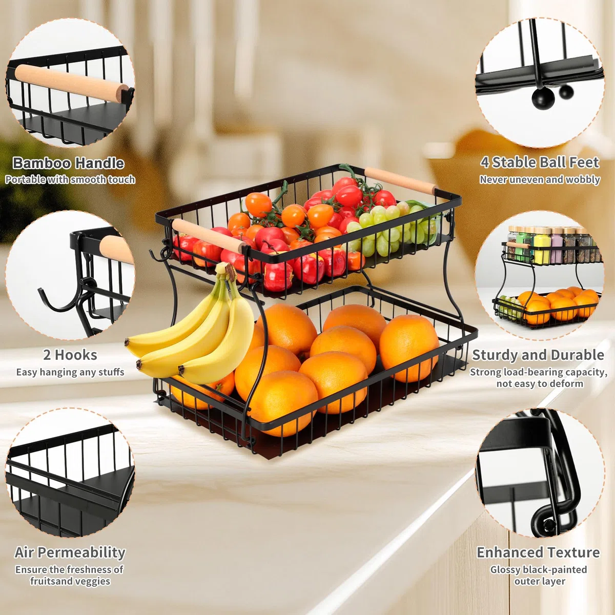 Cozary Cesta de Frutas Metal 2 Pisos, Moderno, Frutero con 2 Bandejas, 2 Ganchos, Fruteros de Cocina para Almacenamiento y Organización Verduras, Fruta, Pan, Ahorra Espacio en Cocina, 37x24x23cm