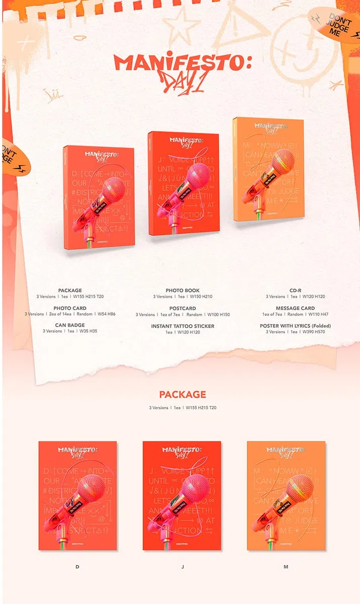 ENHYPEN - MANIFESTO DAY 1 STANDARD [J Version] Album CD-R+Photobook+Photocard+Postcard+Message Card+Can Badge+Tattoo Sticker+Poster with Lyrics+(Extra ENHYPEN 8 Photocards+Pocket Mirror)