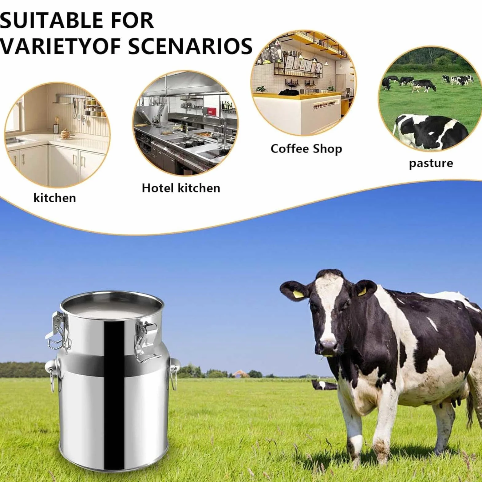 Lechera Acero Inoxidable Con Tapa, Lechera Acero Inoxidable 5-88 Litros,con Tapa Con Asa, Para Transportar o Almacenar Leche,Nofaucet-5L