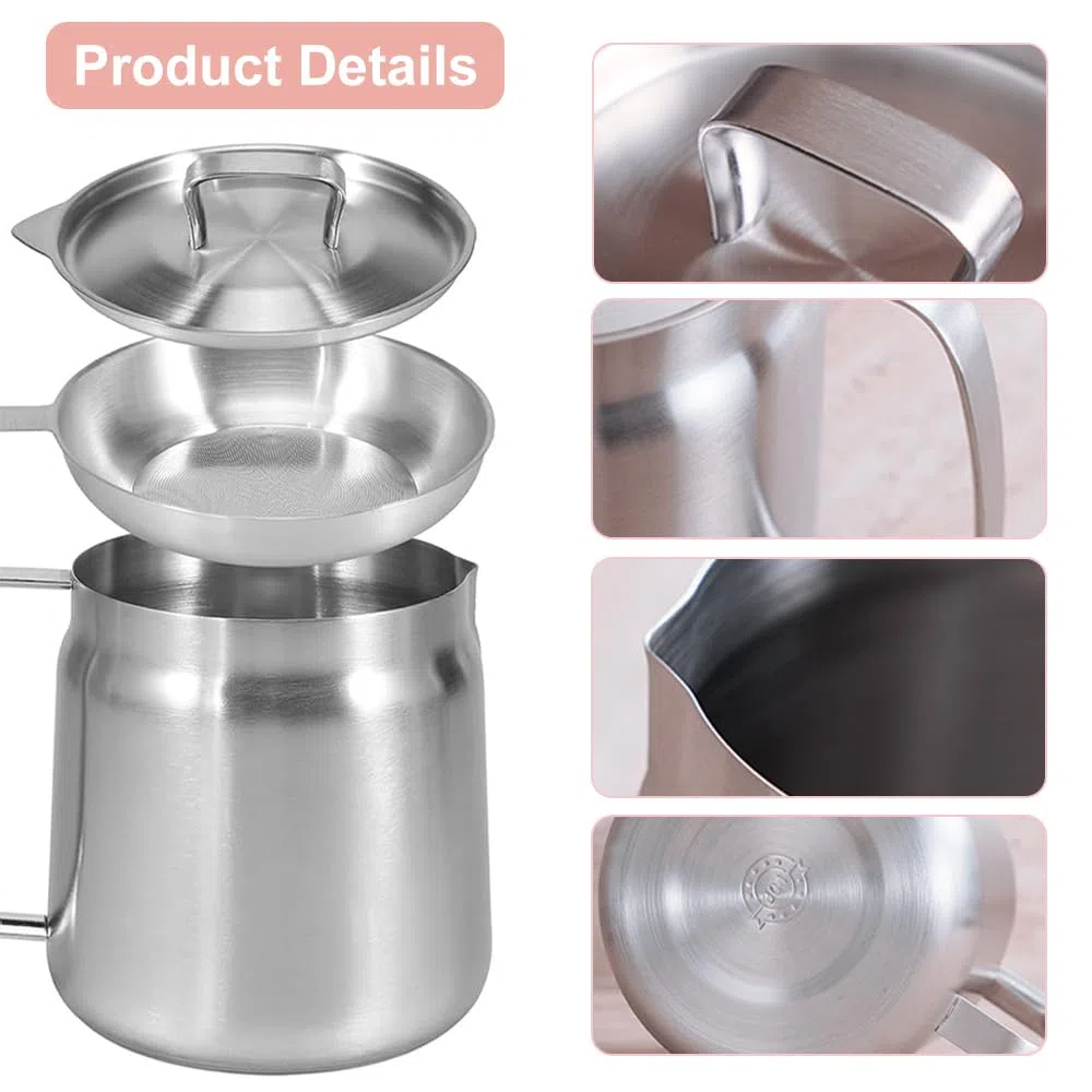 Olla de Filtro de Aceite de Acero Inoxidable, 2L Contenedor de Grasa con Colador de Malla Fina y Cesta para Freír, Protector de Grasa de Tocino, Versátil Recipiente Aceite para Cocina