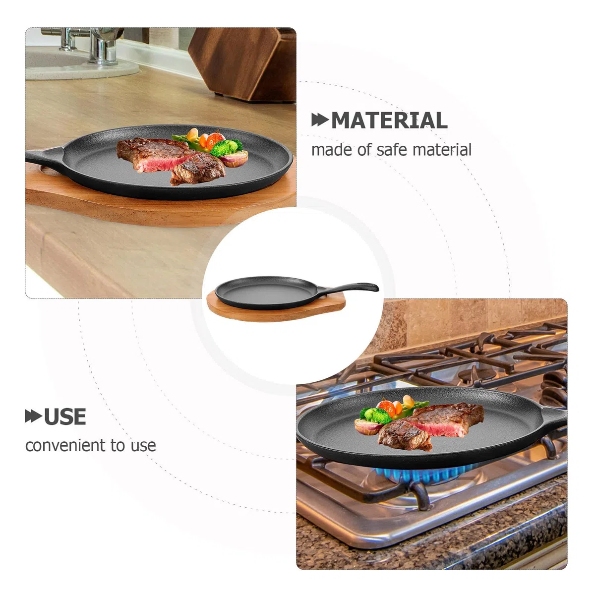 USHOBE Sartén de Hierro Fundido Sartén Antiadherente Redonda con Mango Portátil y Base de Madera Fácil de Limpiar y Duradera para Cocina en Casa